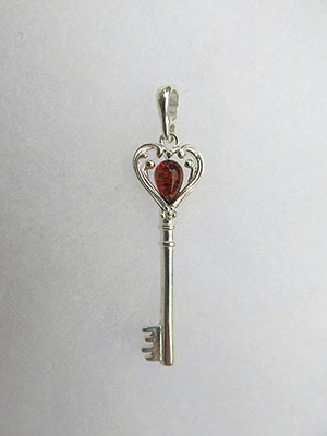 Pendentif clef coeur  - bijou ambre et argent